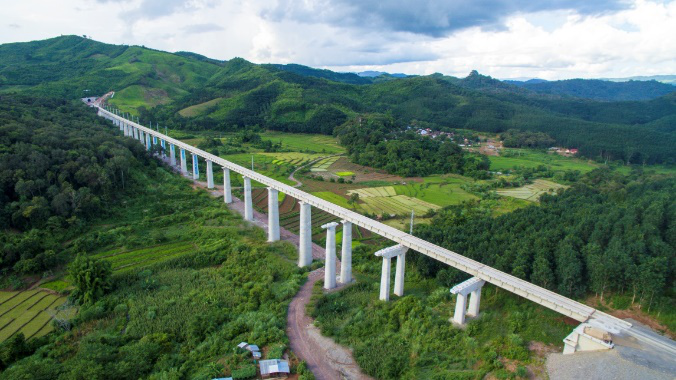 Aerial view of a mega bridge along the China-Laos Railway in Oudomxay Province, Laos.