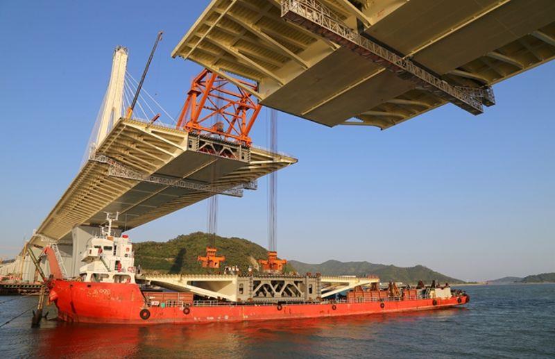 图为金海大桥26号墩最后一块标准钢箱梁架设